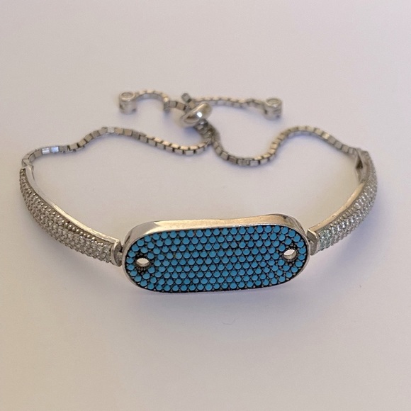 925 Silver bar bracelet turquoise and cubic zirconia stones bolo